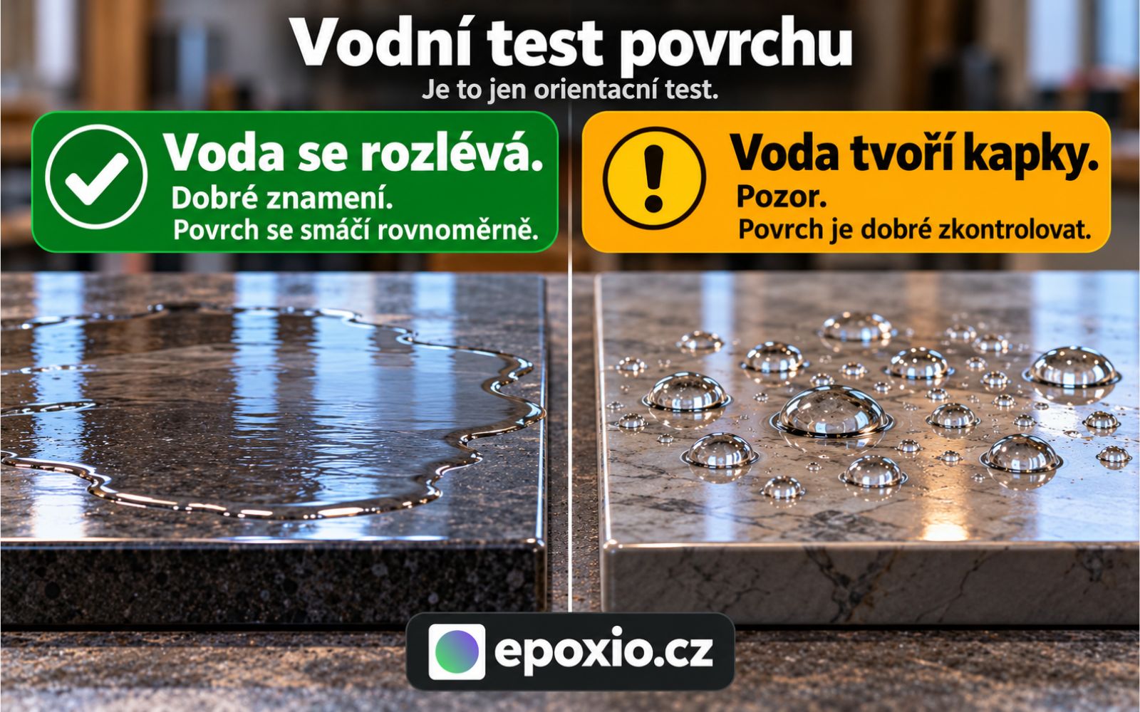 Kapky a souvislý vodní film při orientační kontrole povrchu